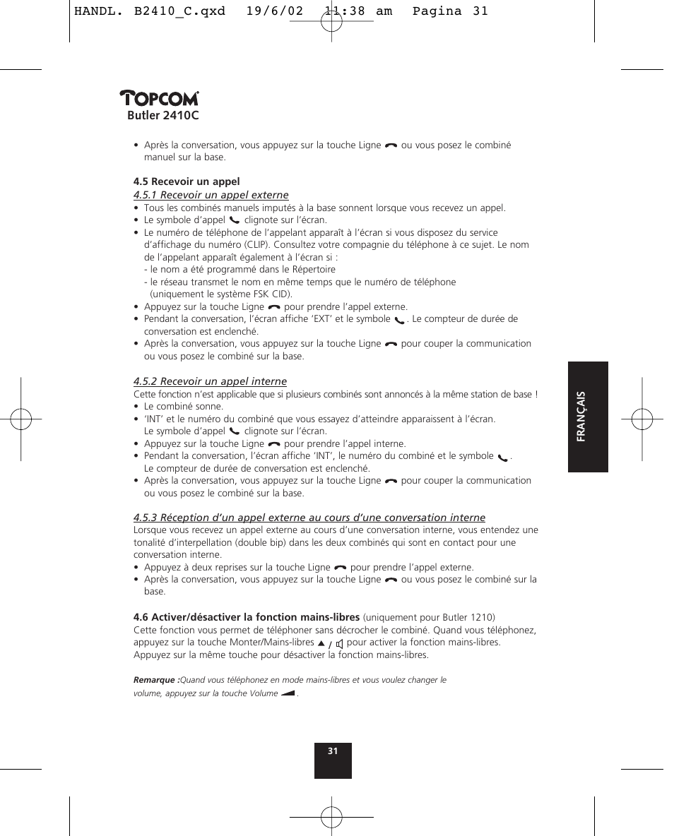 Butler 2410c | Topcom BUTLER 2410 C User Manual | Page 31 / 84