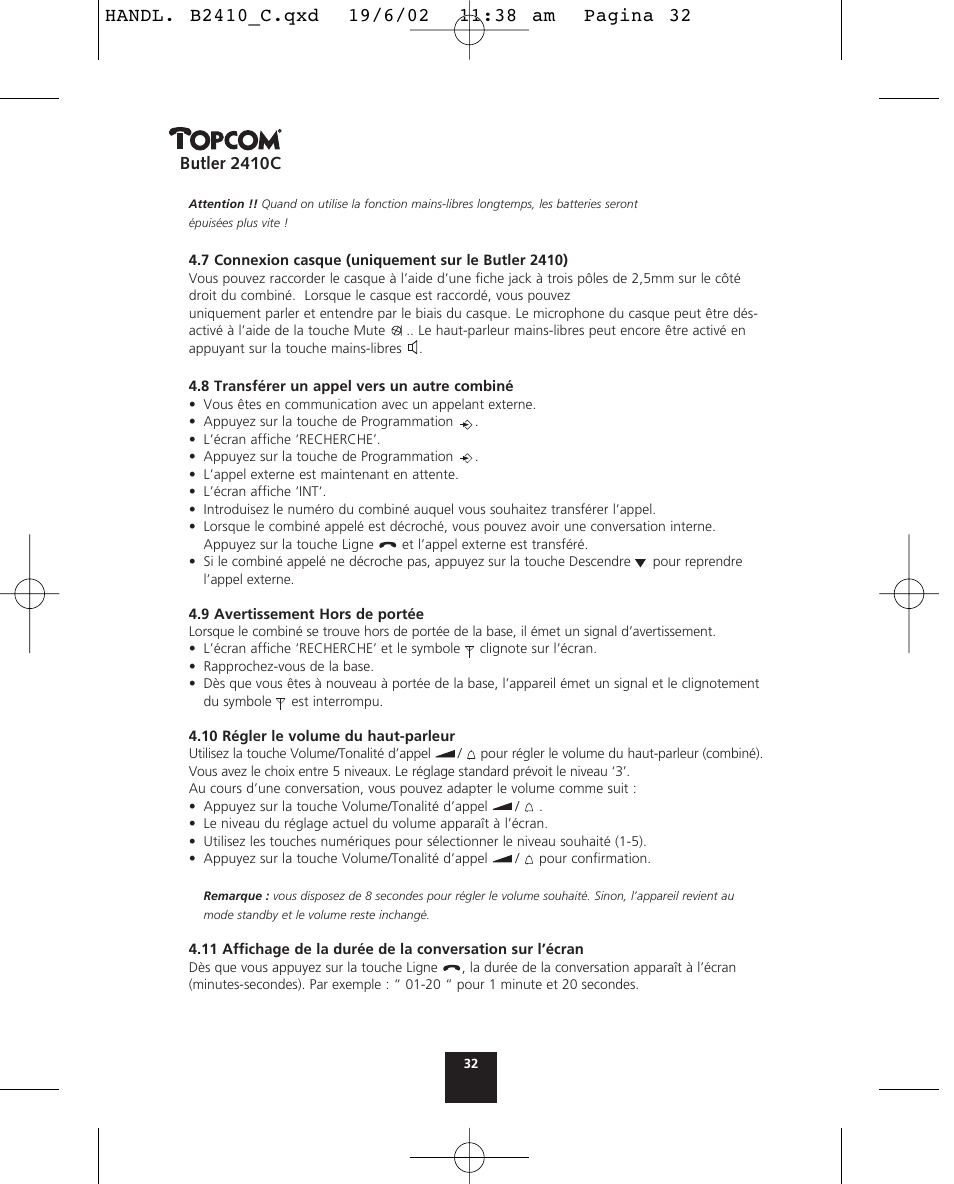 Butler 2410c | Topcom BUTLER 2410 C User Manual | Page 32 / 84