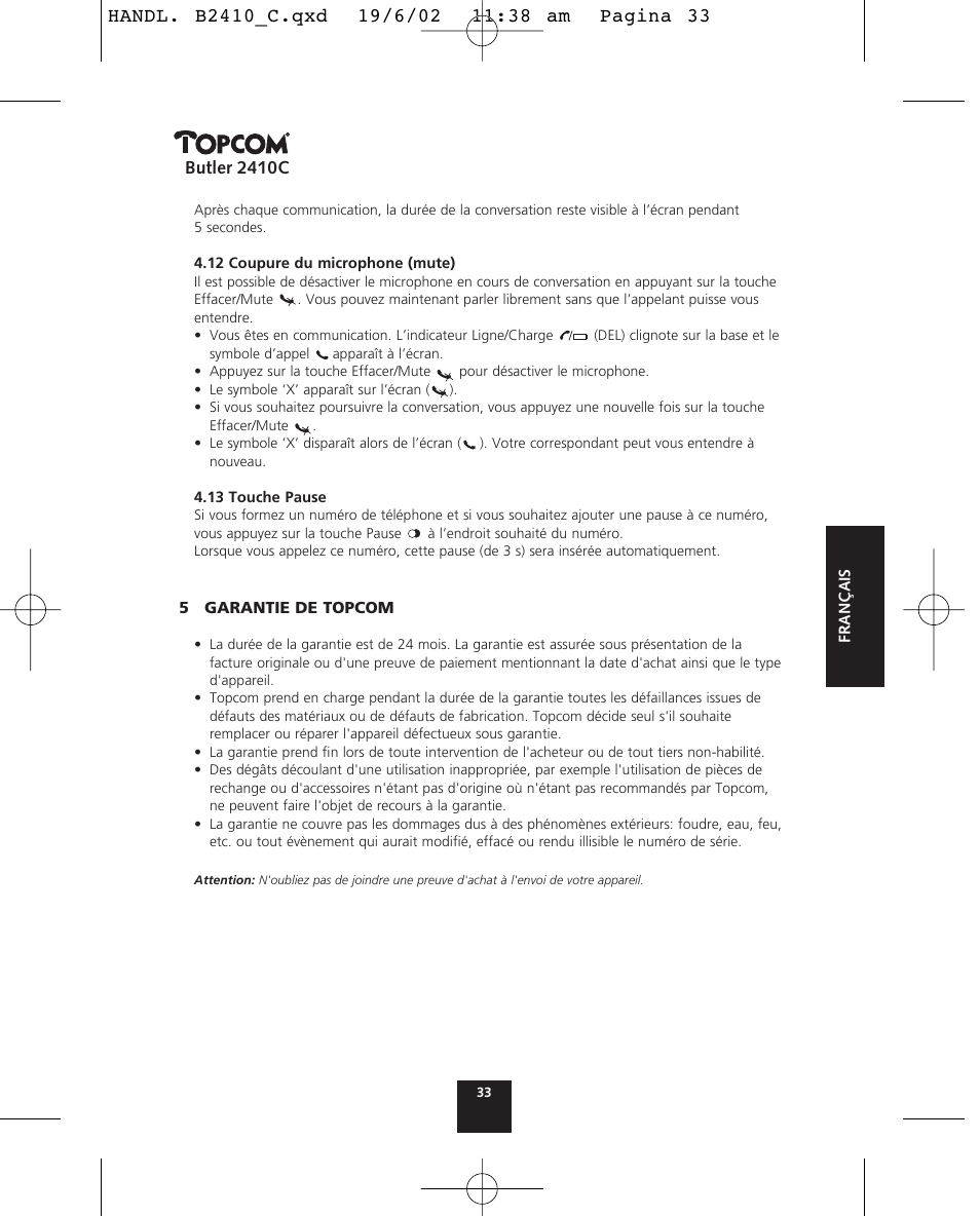 Butler 2410c | Topcom BUTLER 2410 C User Manual | Page 33 / 84