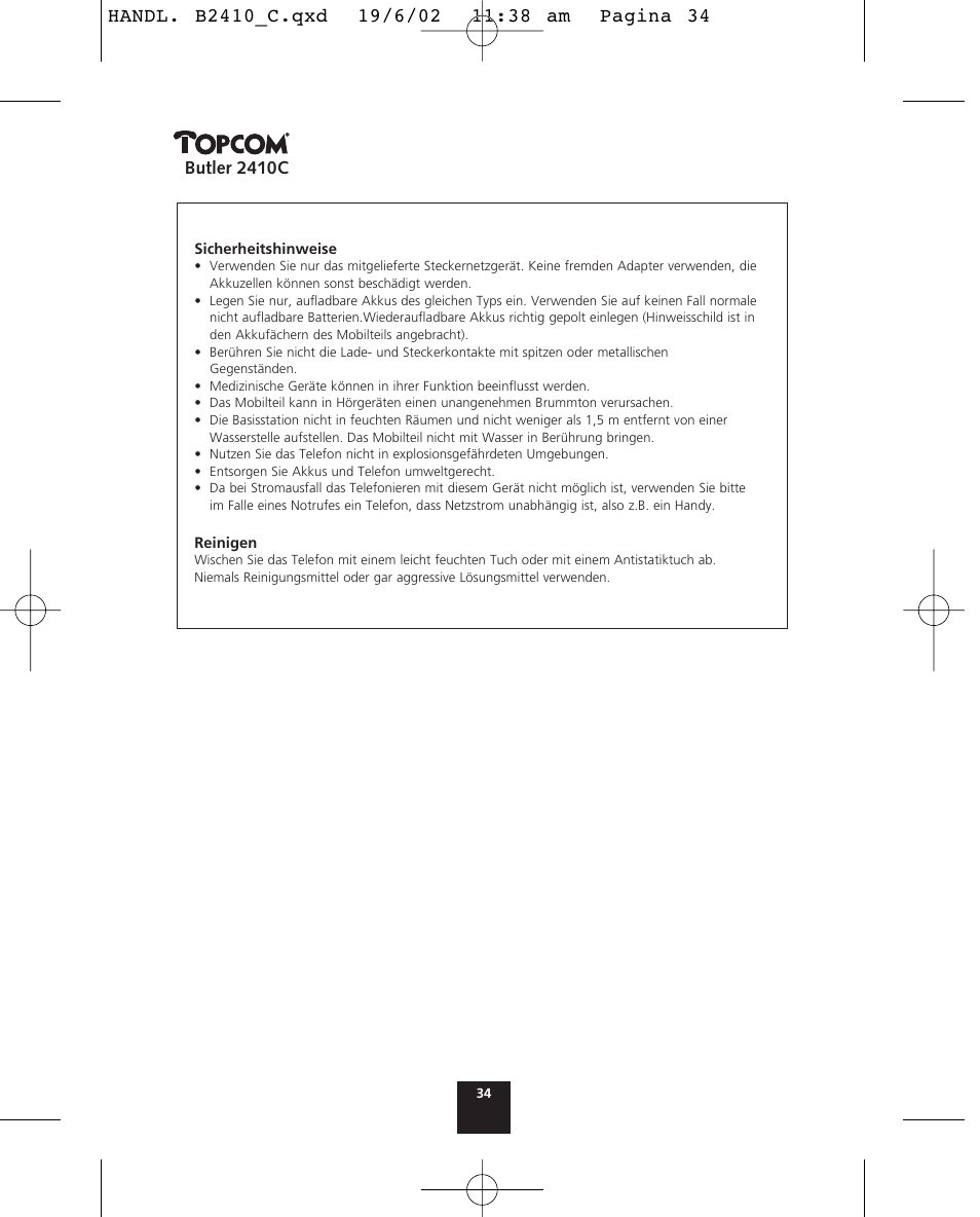 Butler 2410c | Topcom BUTLER 2410 C User Manual | Page 34 / 84