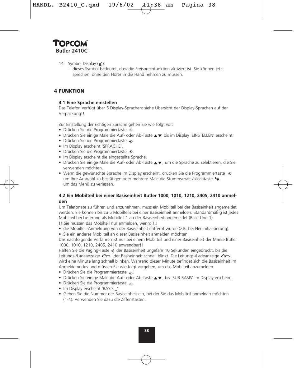 Butler 2410c | Topcom BUTLER 2410 C User Manual | Page 38 / 84