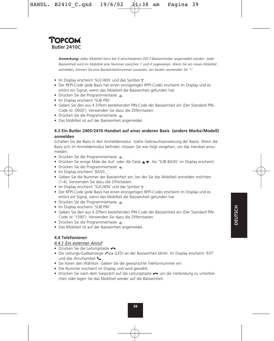 Butler 2410c | Topcom BUTLER 2410 C User Manual | Page 39 / 84