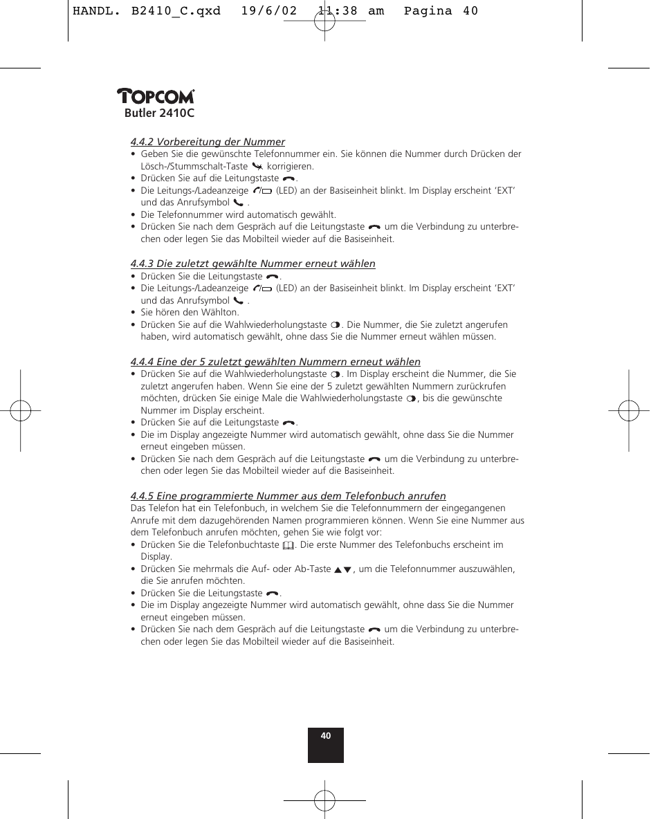 Butler 2410c | Topcom BUTLER 2410 C User Manual | Page 40 / 84