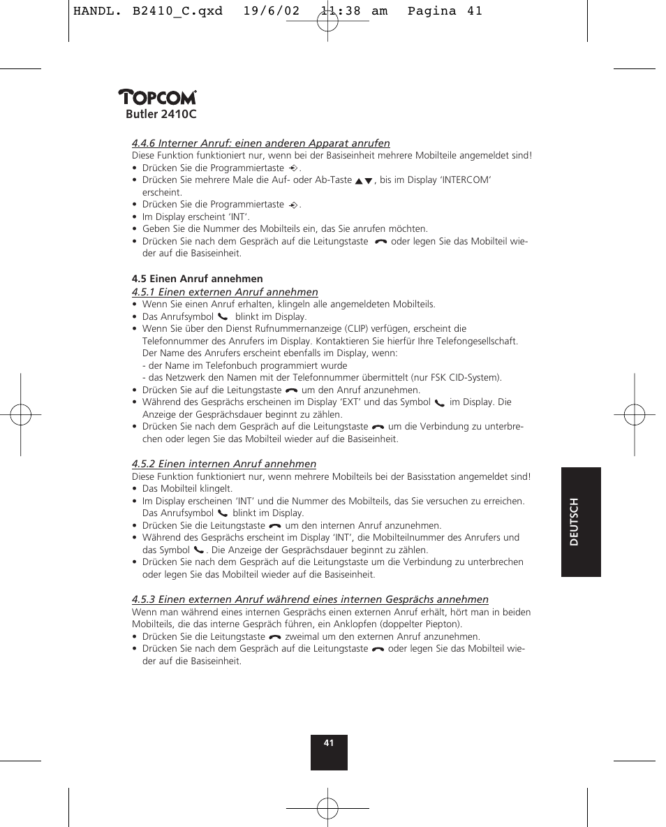 Butler 2410c | Topcom BUTLER 2410 C User Manual | Page 41 / 84