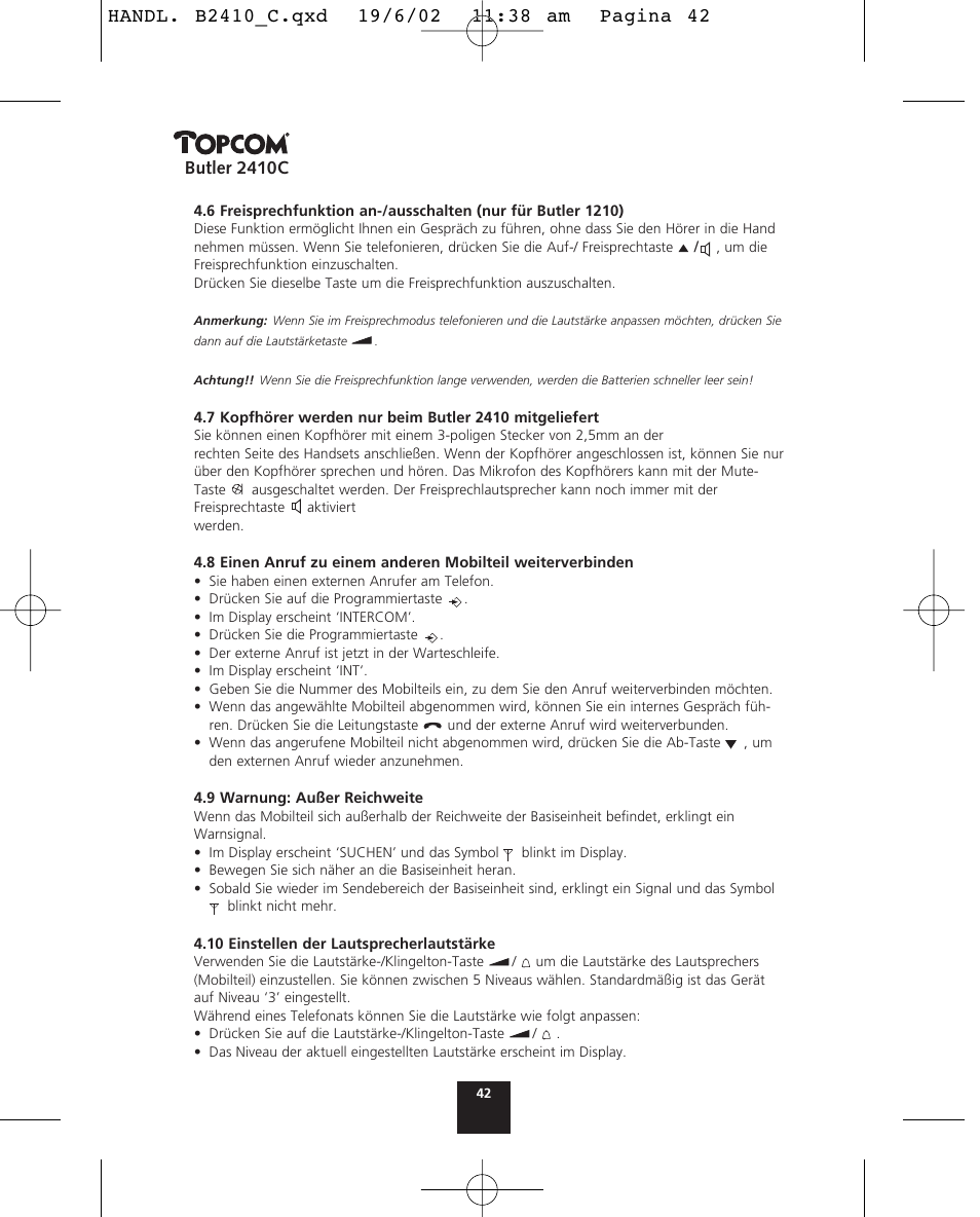 Butler 2410c | Topcom BUTLER 2410 C User Manual | Page 42 / 84