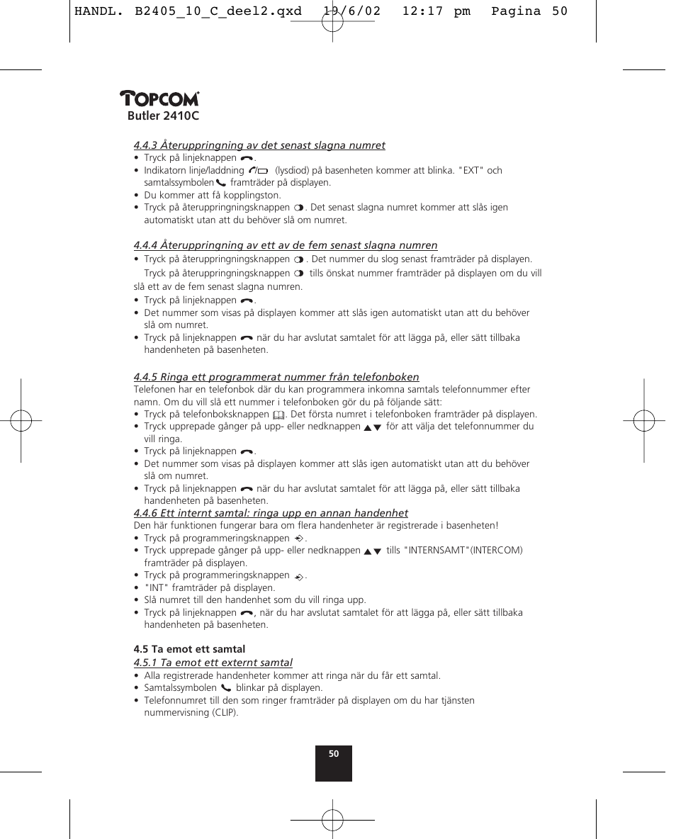 Butler 2410c | Topcom BUTLER 2410 C User Manual | Page 50 / 84