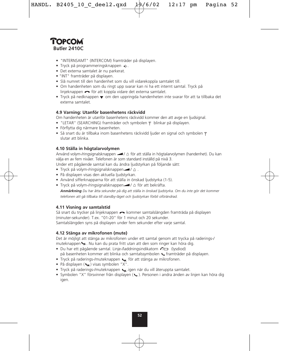 Butler 2410c | Topcom BUTLER 2410 C User Manual | Page 52 / 84