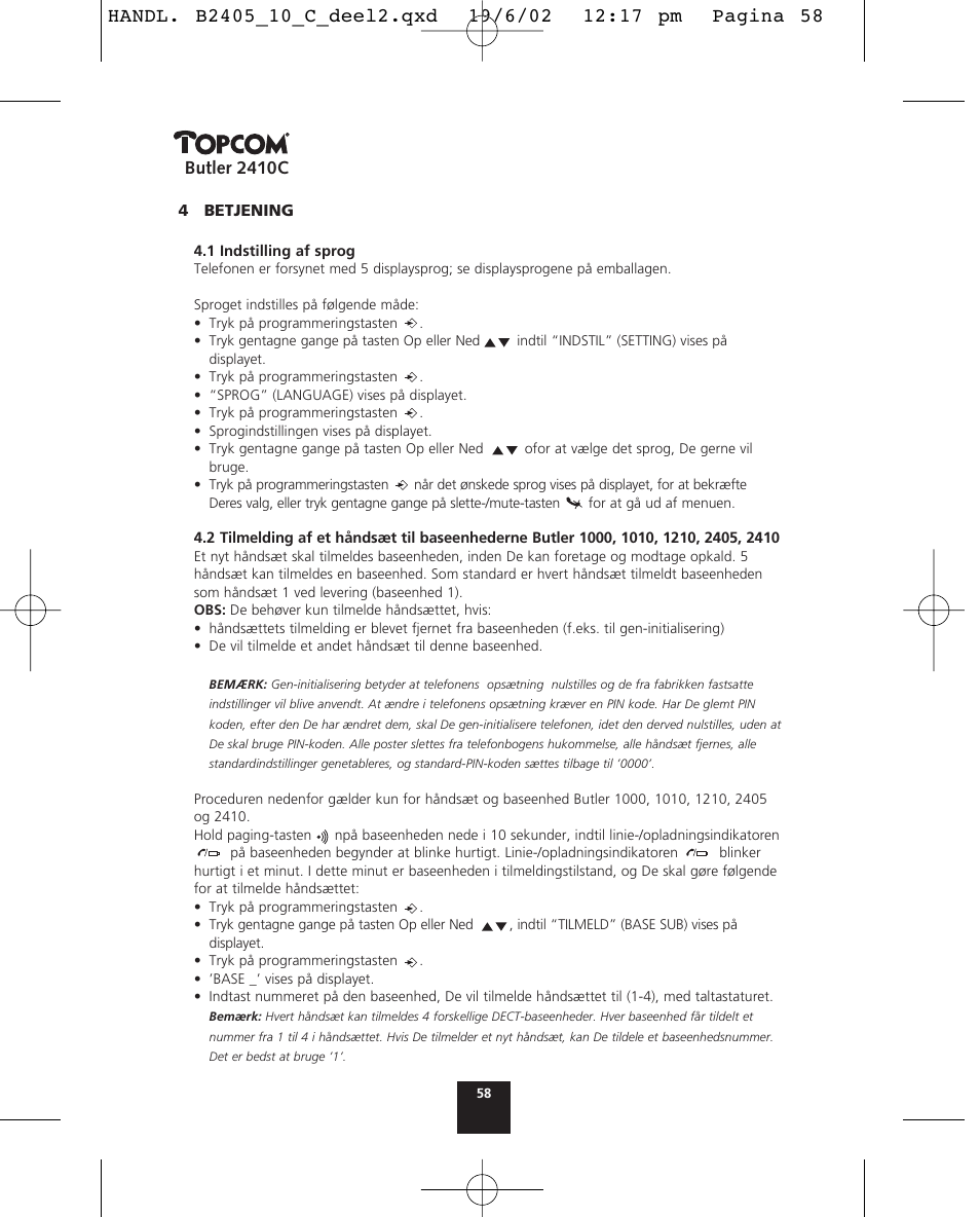 Butler 2410c | Topcom BUTLER 2410 C User Manual | Page 58 / 84