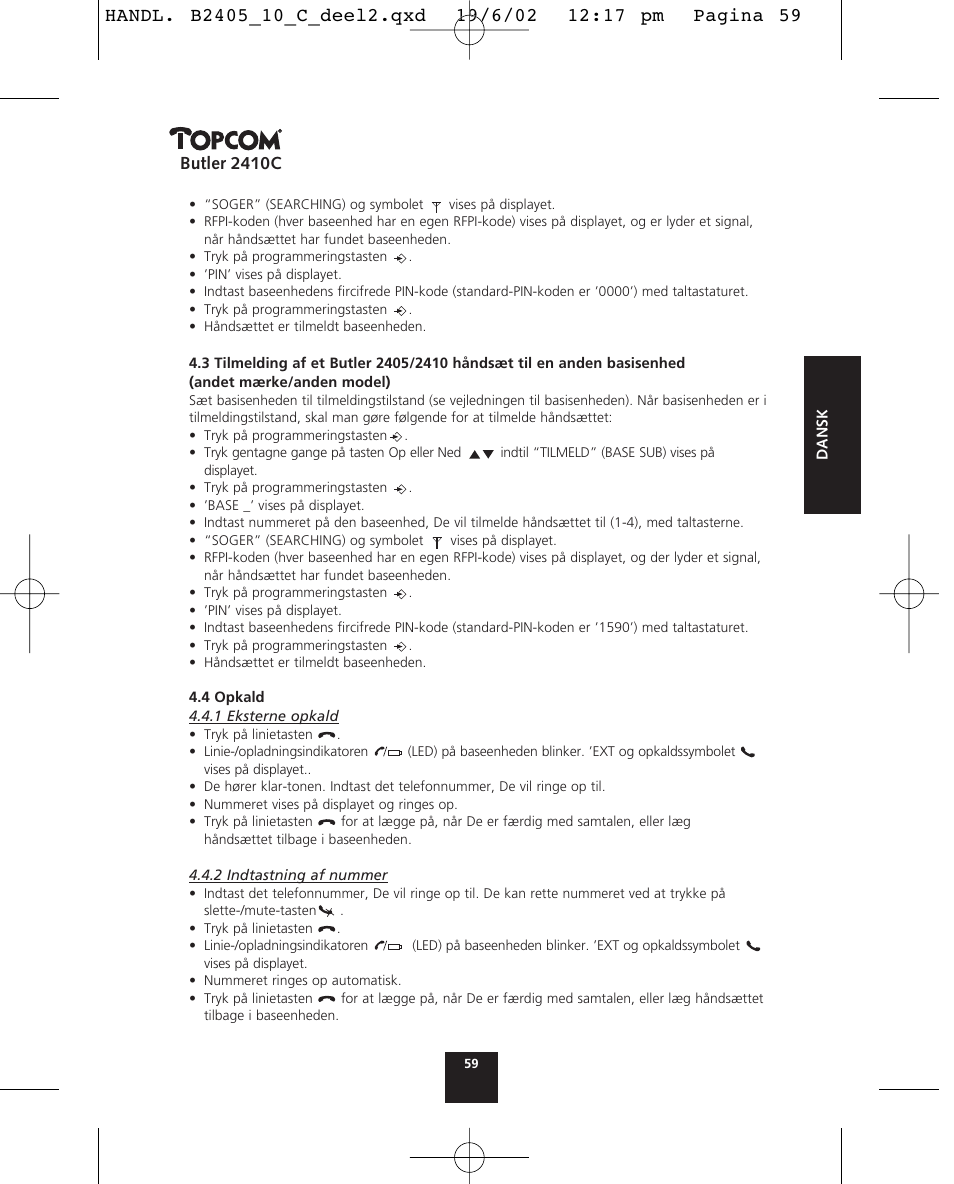 Butler 2410c | Topcom BUTLER 2410 C User Manual | Page 59 / 84
