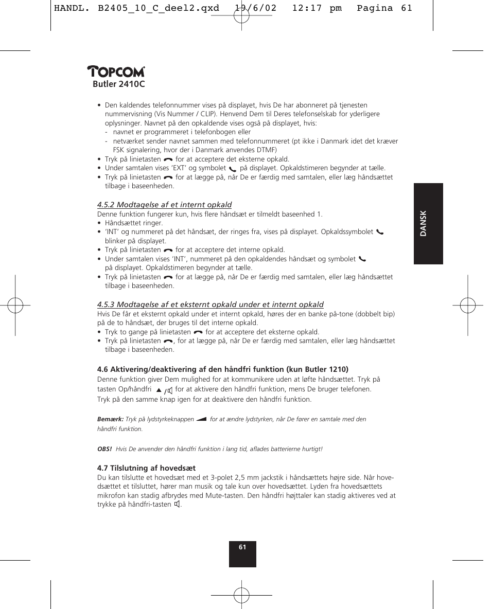 Butler 2410c | Topcom BUTLER 2410 C User Manual | Page 61 / 84