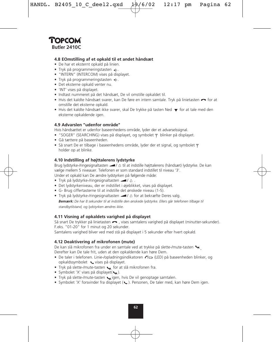 Butler 2410c | Topcom BUTLER 2410 C User Manual | Page 62 / 84