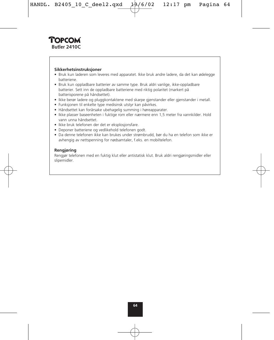 Butler 2410c | Topcom BUTLER 2410 C User Manual | Page 64 / 84