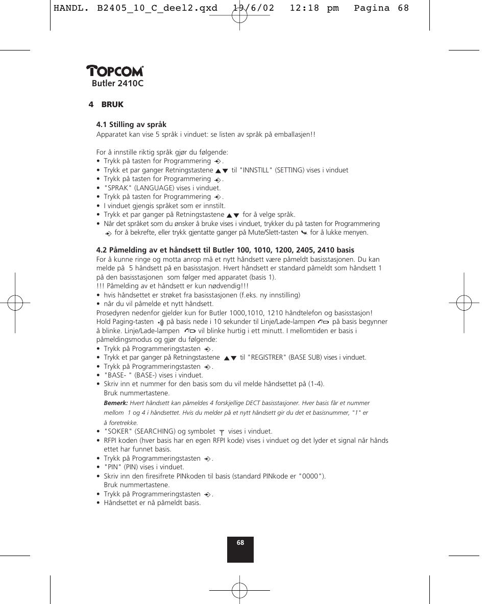 Butler 2410c | Topcom BUTLER 2410 C User Manual | Page 68 / 84