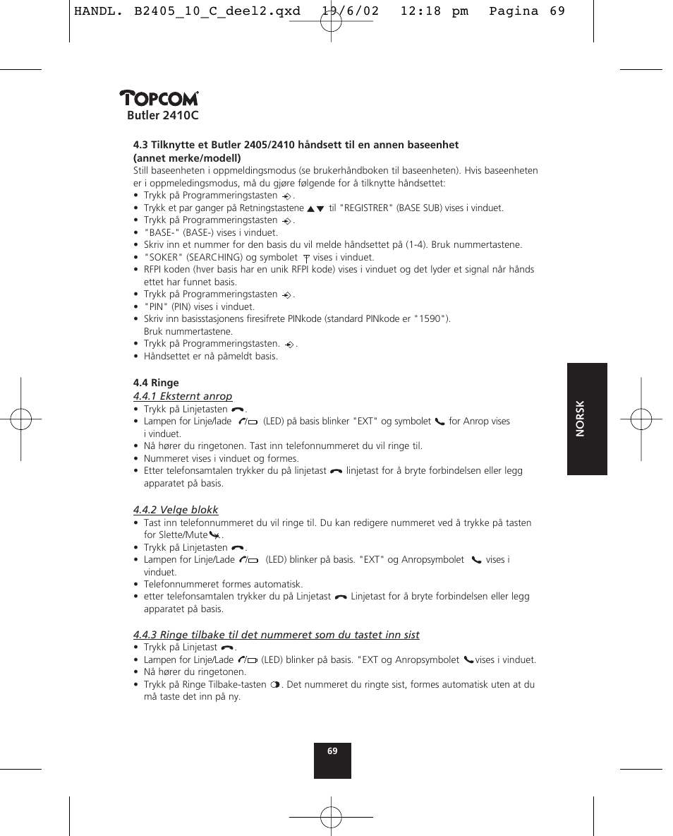 Butler 2410c | Topcom BUTLER 2410 C User Manual | Page 69 / 84
