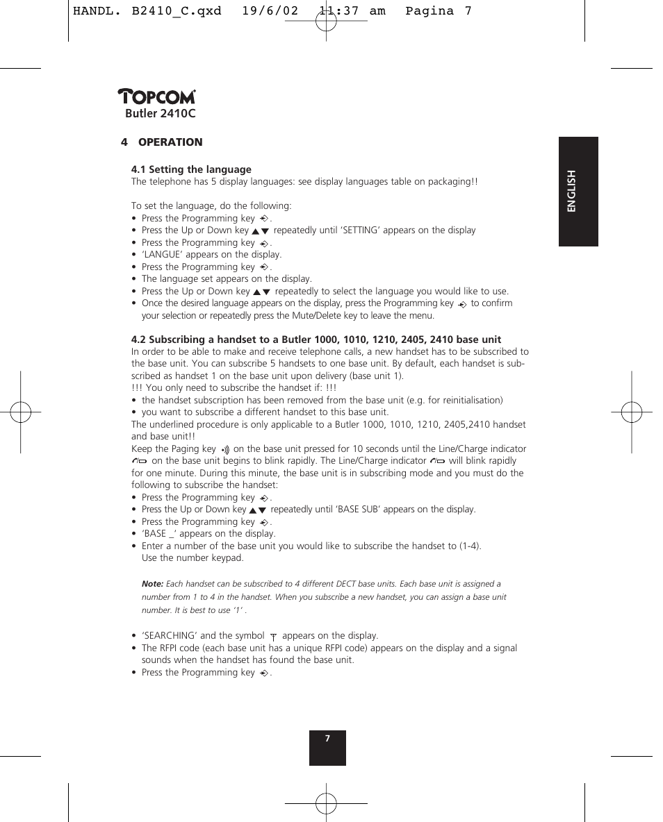 Butler 2410c | Topcom BUTLER 2410 C User Manual | Page 7 / 84