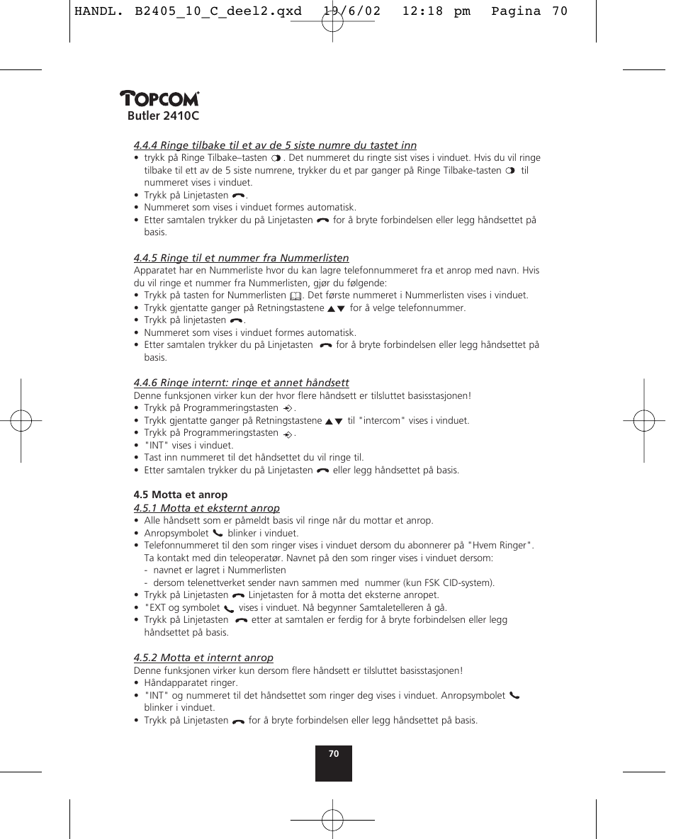 Butler 2410c | Topcom BUTLER 2410 C User Manual | Page 70 / 84