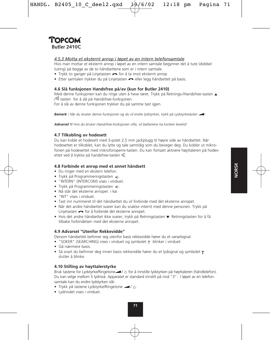 Butler 2410c | Topcom BUTLER 2410 C User Manual | Page 71 / 84