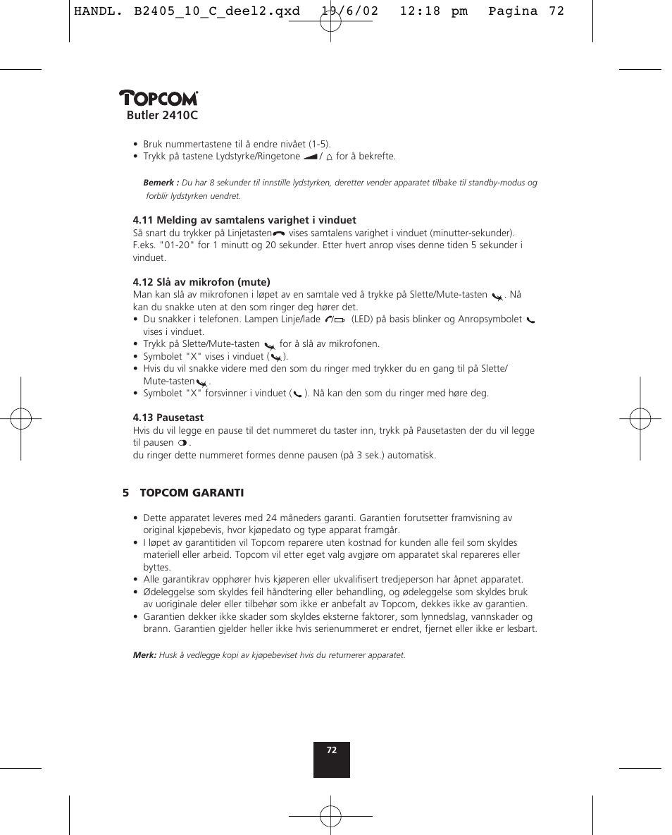 Butler 2410c | Topcom BUTLER 2410 C User Manual | Page 72 / 84
