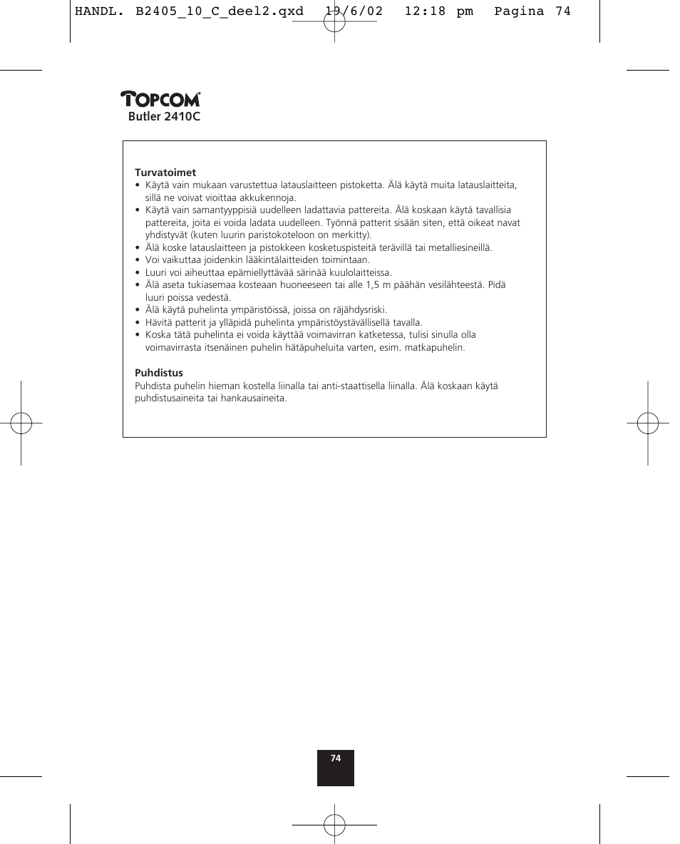 Butler 2410c | Topcom BUTLER 2410 C User Manual | Page 74 / 84