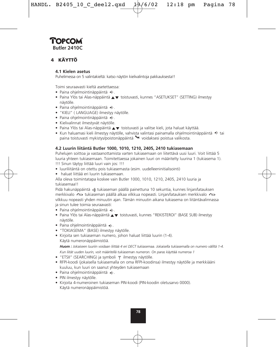 Butler 2410c | Topcom BUTLER 2410 C User Manual | Page 78 / 84