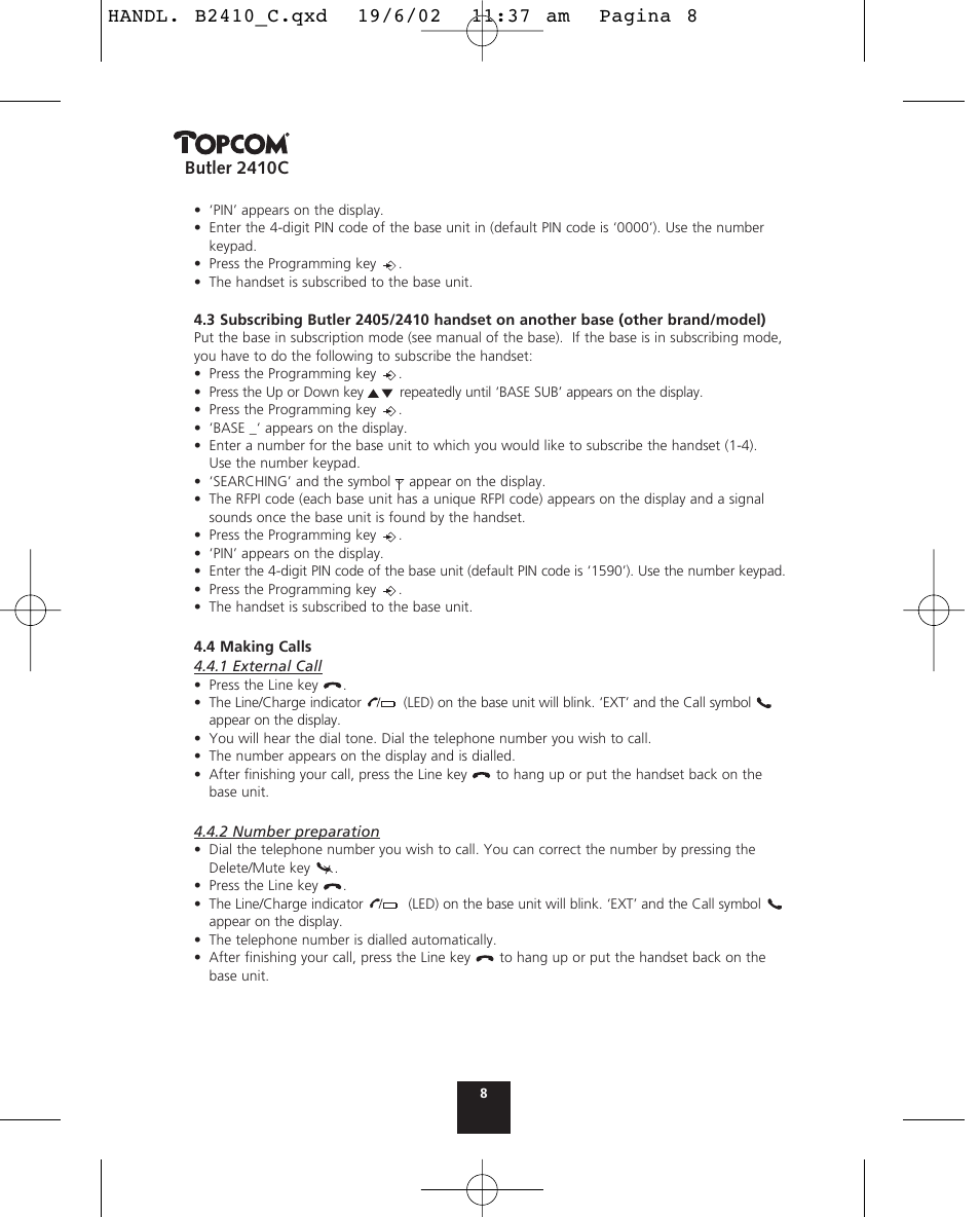 Butler 2410c | Topcom BUTLER 2410 C User Manual | Page 8 / 84