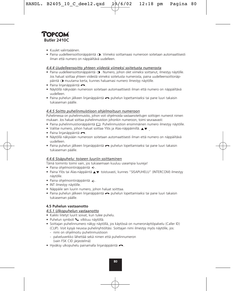 Butler 2410c | Topcom BUTLER 2410 C User Manual | Page 80 / 84