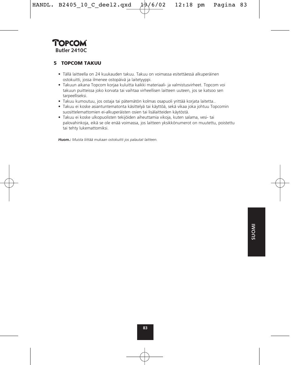 Butler 2410c | Topcom BUTLER 2410 C User Manual | Page 83 / 84