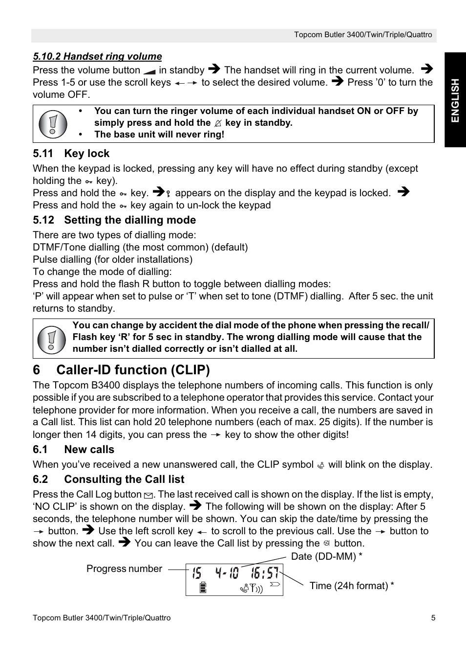 6caller-id function (clip) | Topcom Butler 3400 User Manual | Page 5 / 12