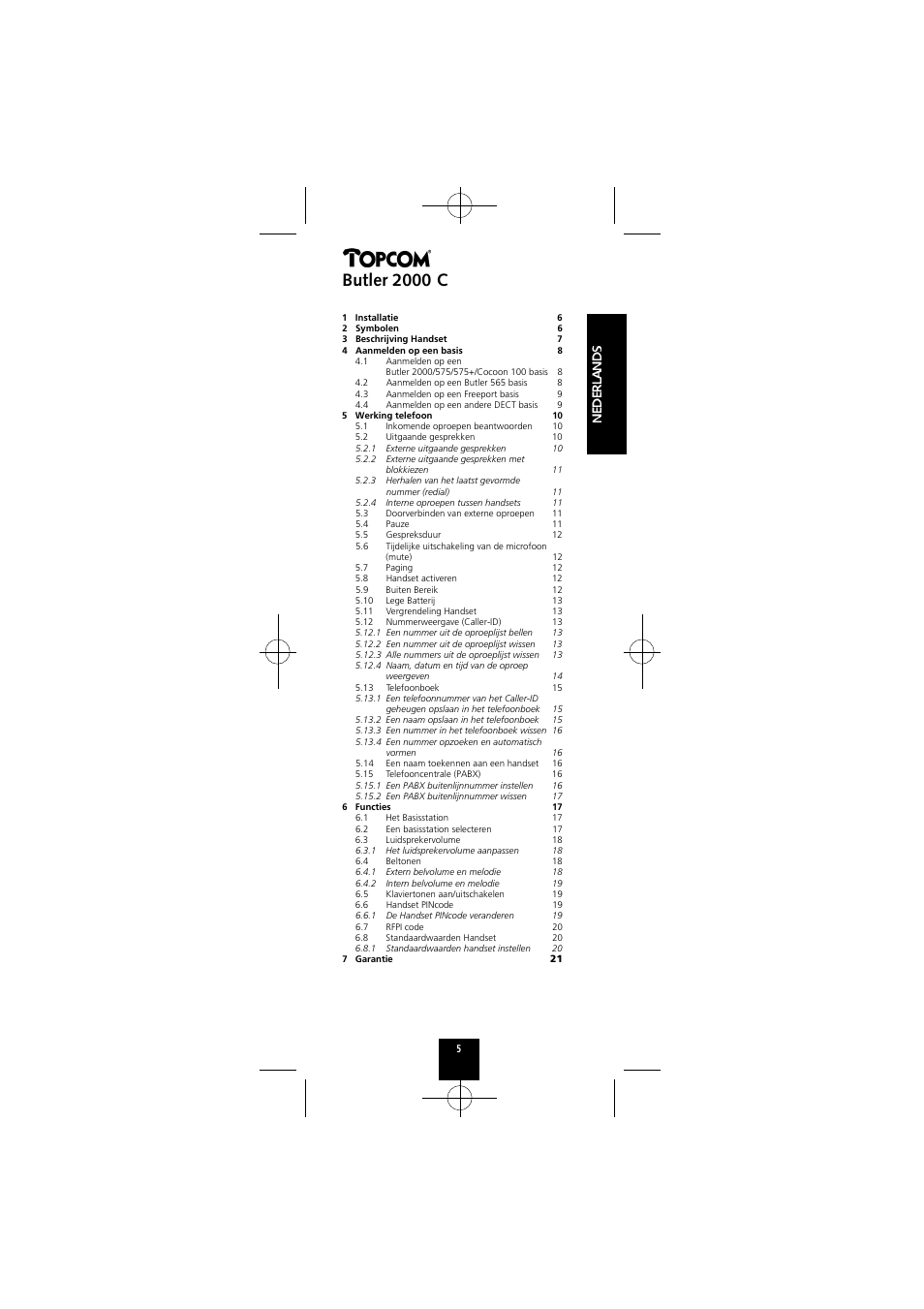 Butler 2000 c | Topcom Butler 2000 C User Manual | Page 5 / 76