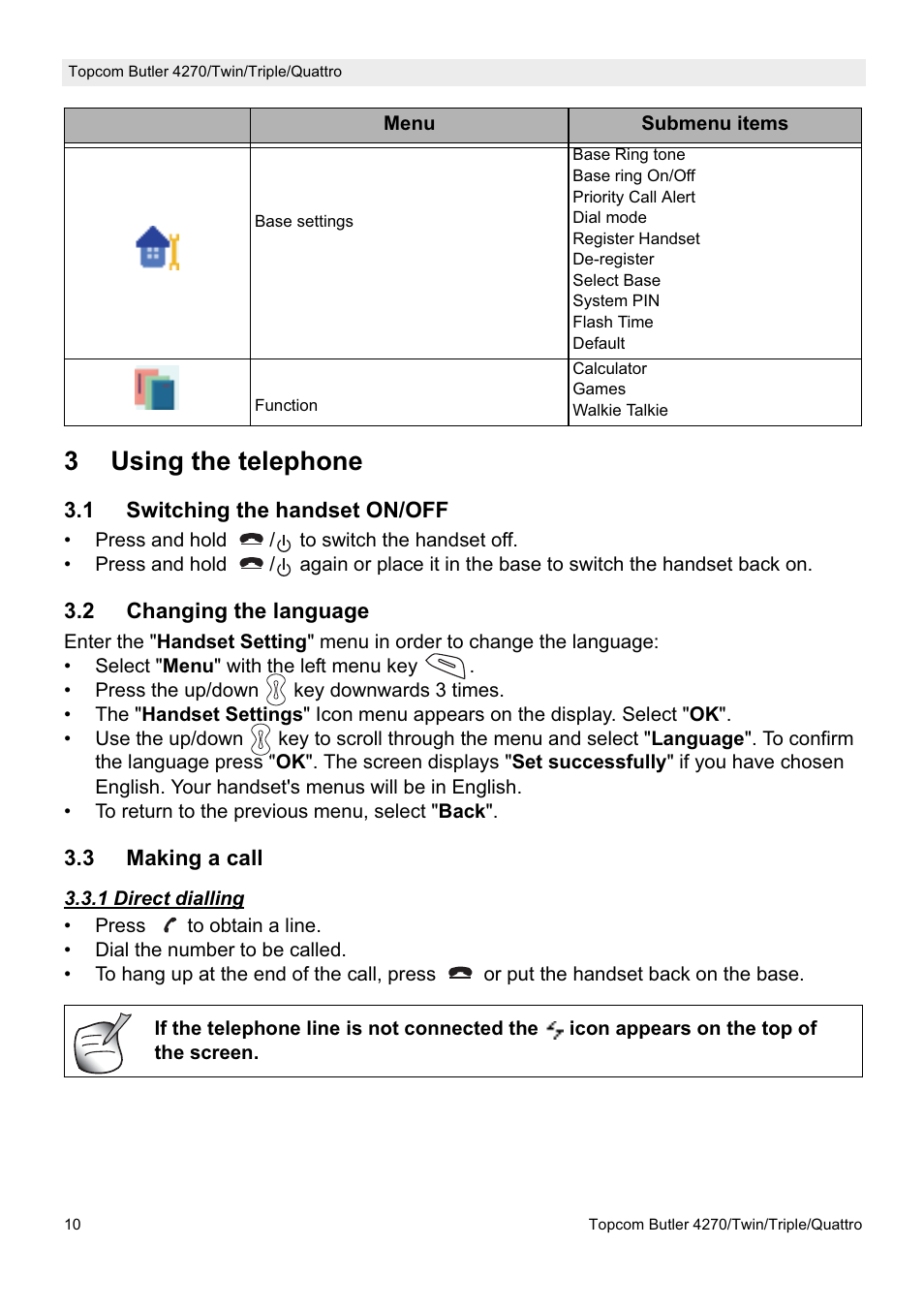 3using the telephone | Topcom BUTLER Twin User Manual | Page 10 / 28