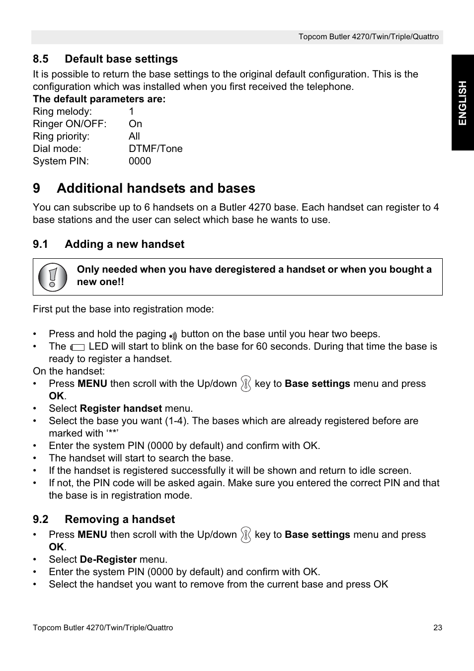 9additional handsets and bases | Topcom BUTLER Twin User Manual | Page 23 / 28