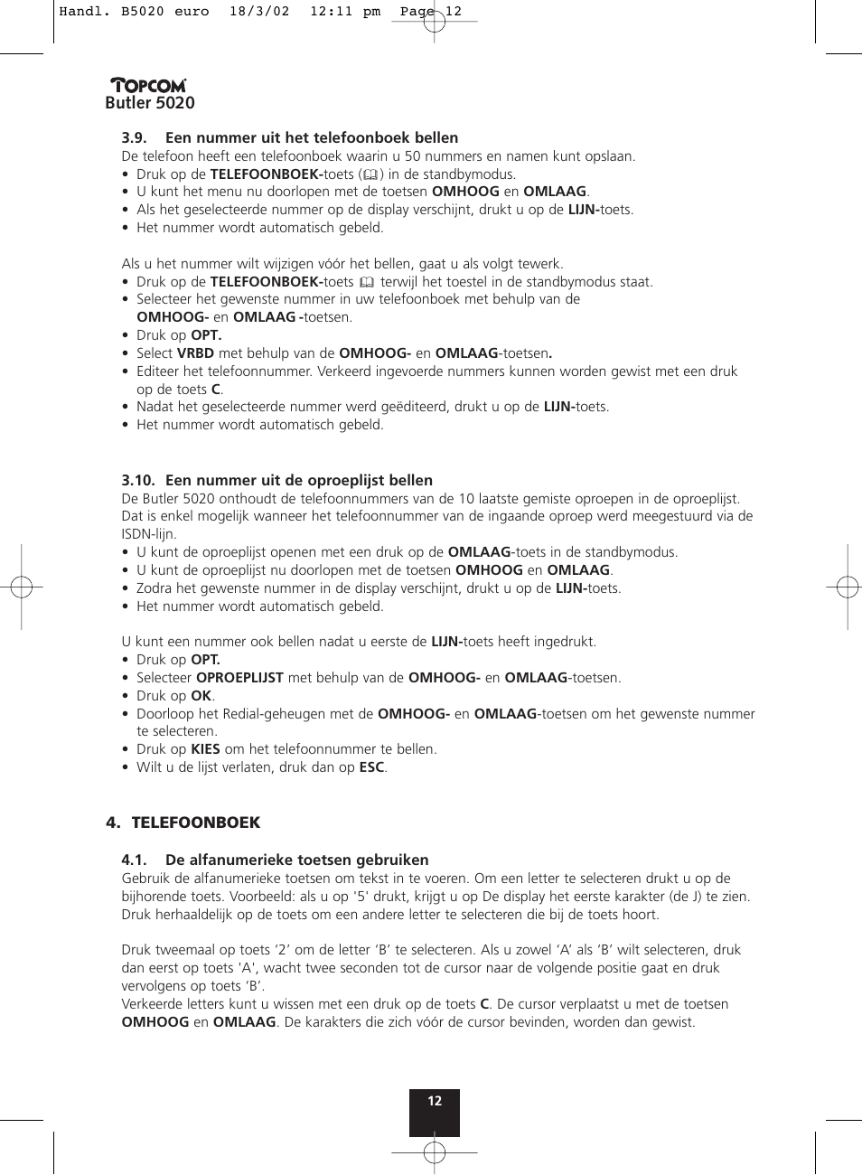 Butler 5020 | Topcom BUTLER 5020 User Manual | Page 12 / 84
