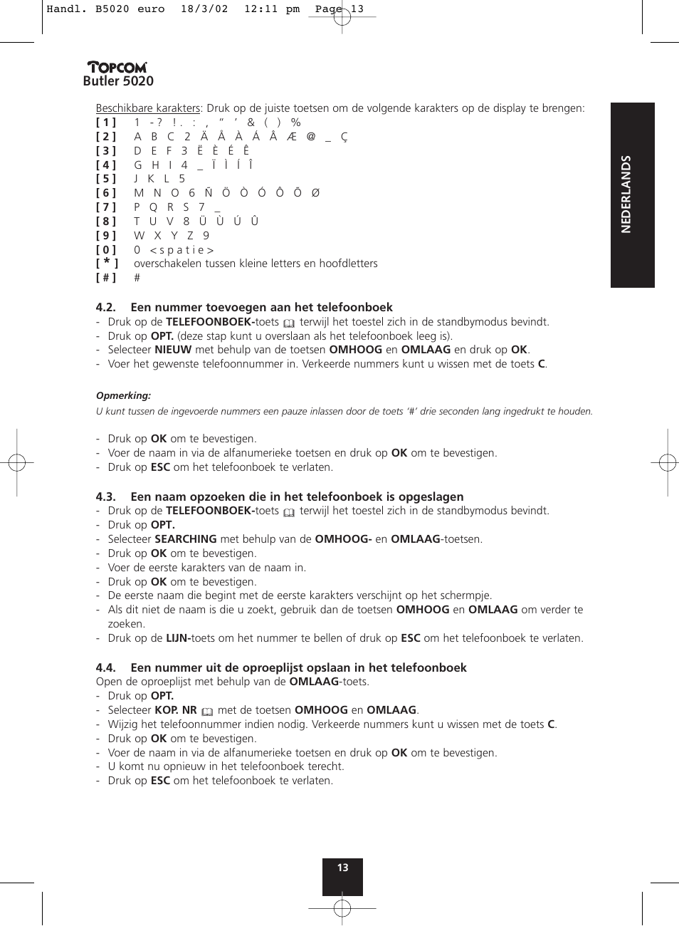 Butler 5020 | Topcom BUTLER 5020 User Manual | Page 13 / 84