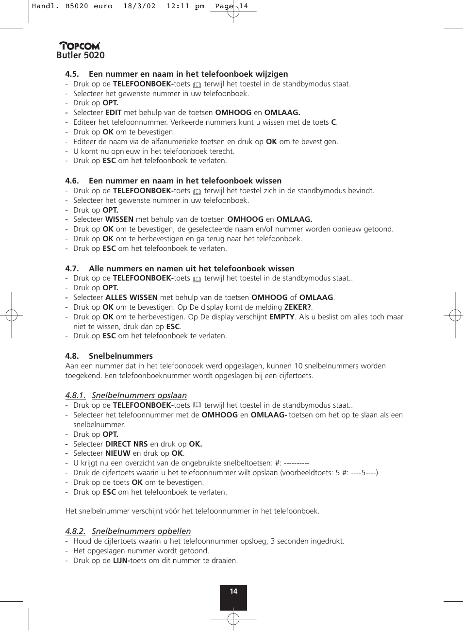 Butler 5020 | Topcom BUTLER 5020 User Manual | Page 14 / 84