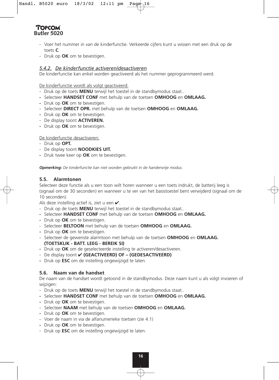 Butler 5020 | Topcom BUTLER 5020 User Manual | Page 16 / 84