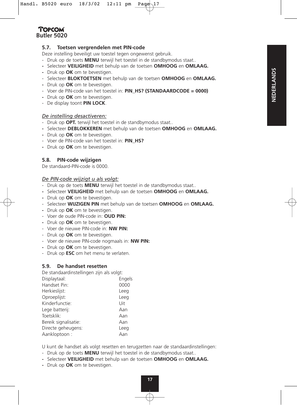 Butler 5020 | Topcom BUTLER 5020 User Manual | Page 17 / 84