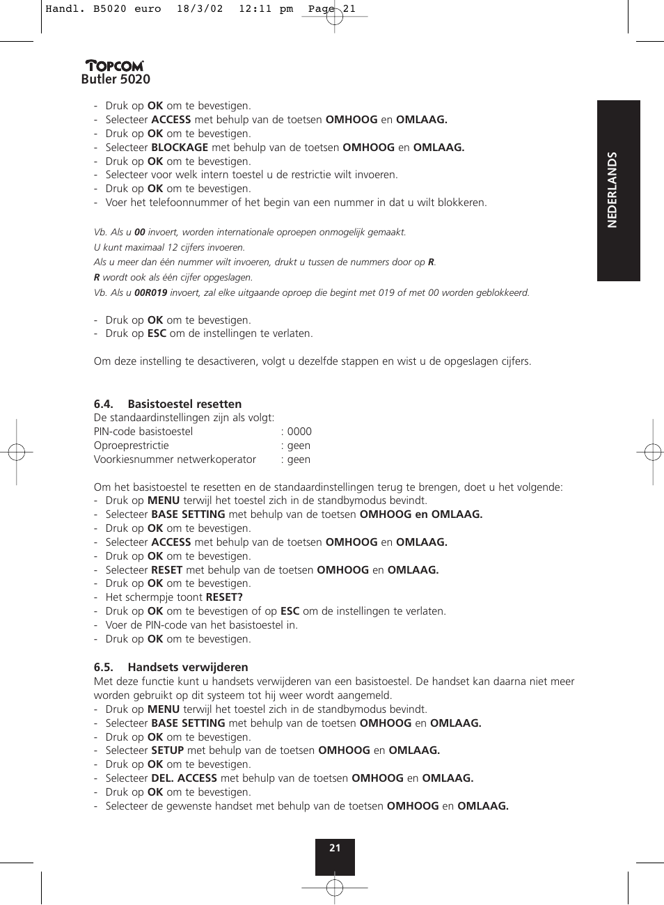 Butler 5020 | Topcom BUTLER 5020 User Manual | Page 21 / 84
