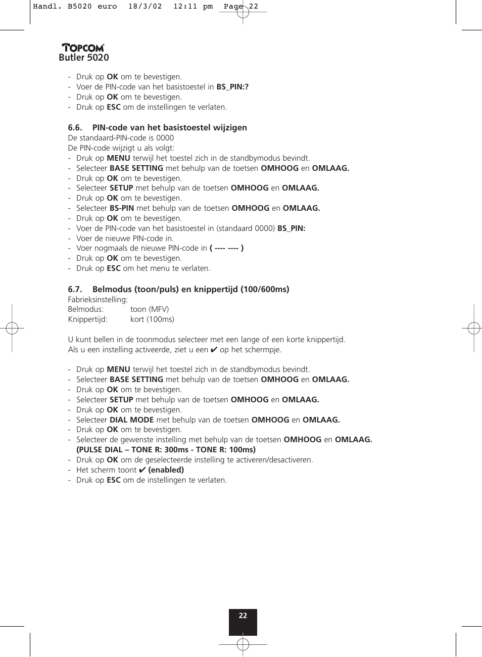 Butler 5020 | Topcom BUTLER 5020 User Manual | Page 22 / 84