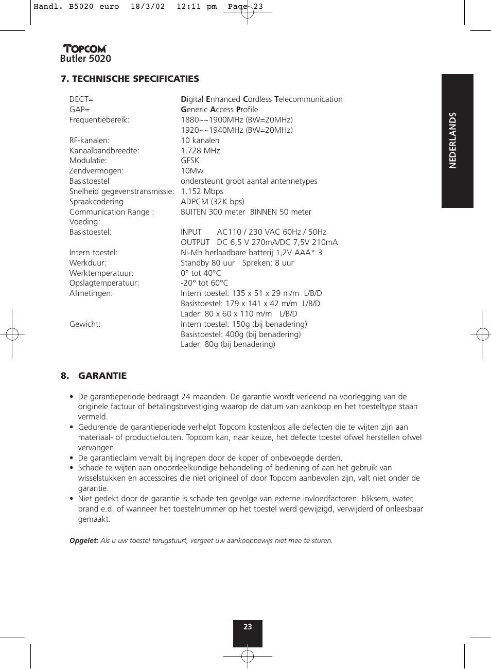 Butler 5020 | Topcom BUTLER 5020 User Manual | Page 23 / 84