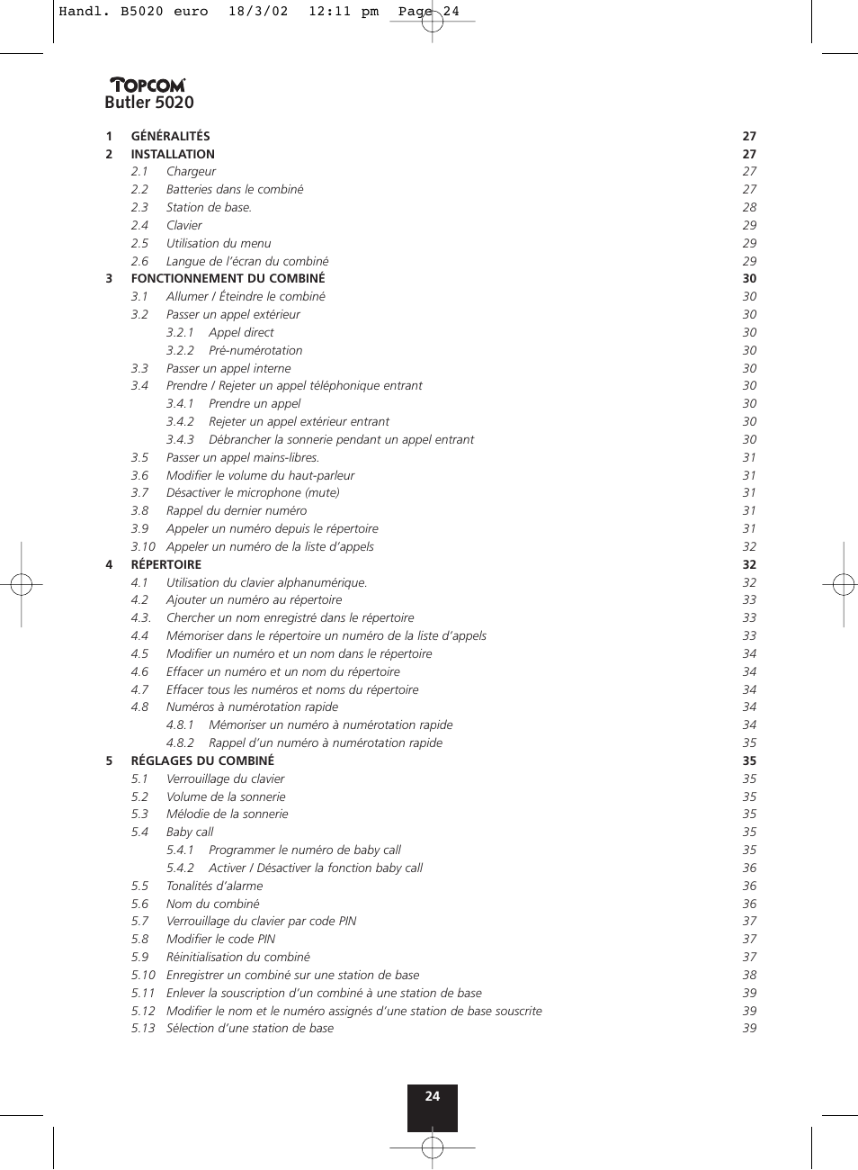 Butler 5020 | Topcom BUTLER 5020 User Manual | Page 24 / 84