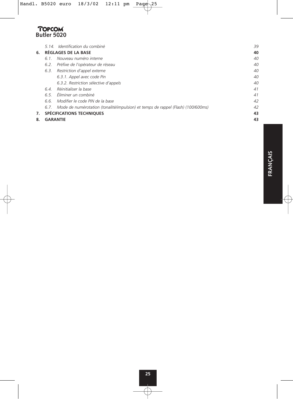 Butler 5020, Fran ç ais | Topcom BUTLER 5020 User Manual | Page 25 / 84
