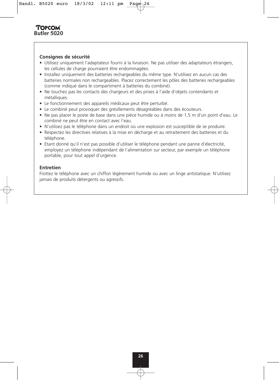 Butler 5020 | Topcom BUTLER 5020 User Manual | Page 26 / 84