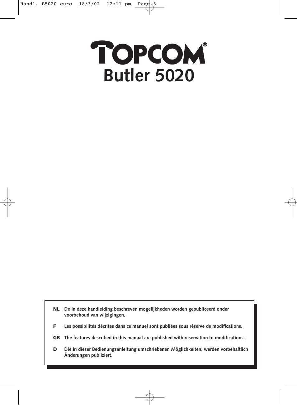 Butler 5020 | Topcom BUTLER 5020 User Manual | Page 3 / 84