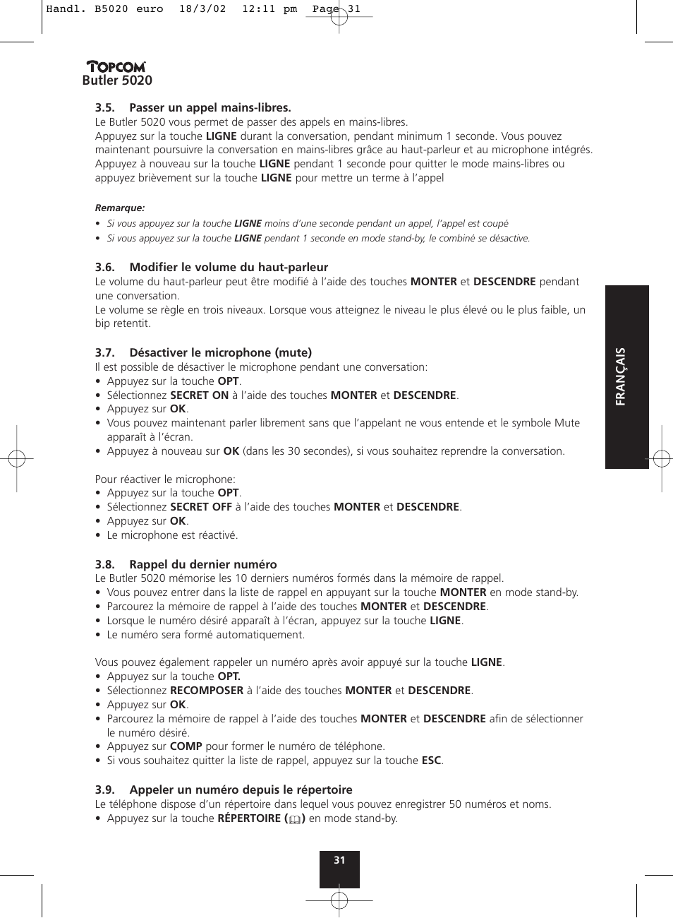 Butler 5020 | Topcom BUTLER 5020 User Manual | Page 31 / 84