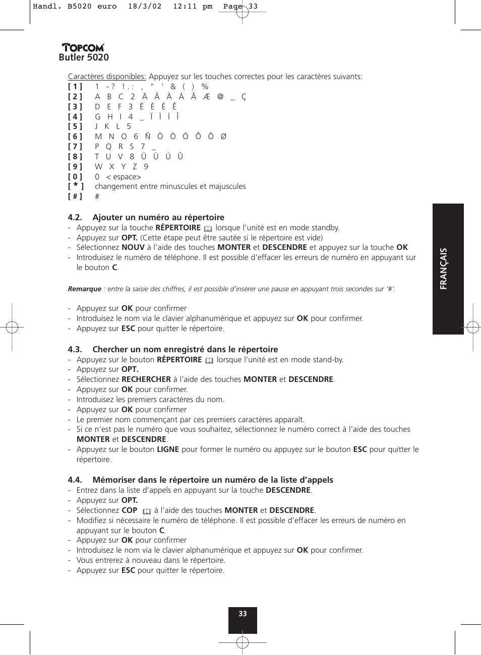 Butler 5020 | Topcom BUTLER 5020 User Manual | Page 33 / 84