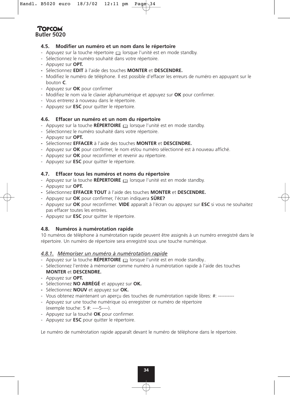 Butler 5020 | Topcom BUTLER 5020 User Manual | Page 34 / 84