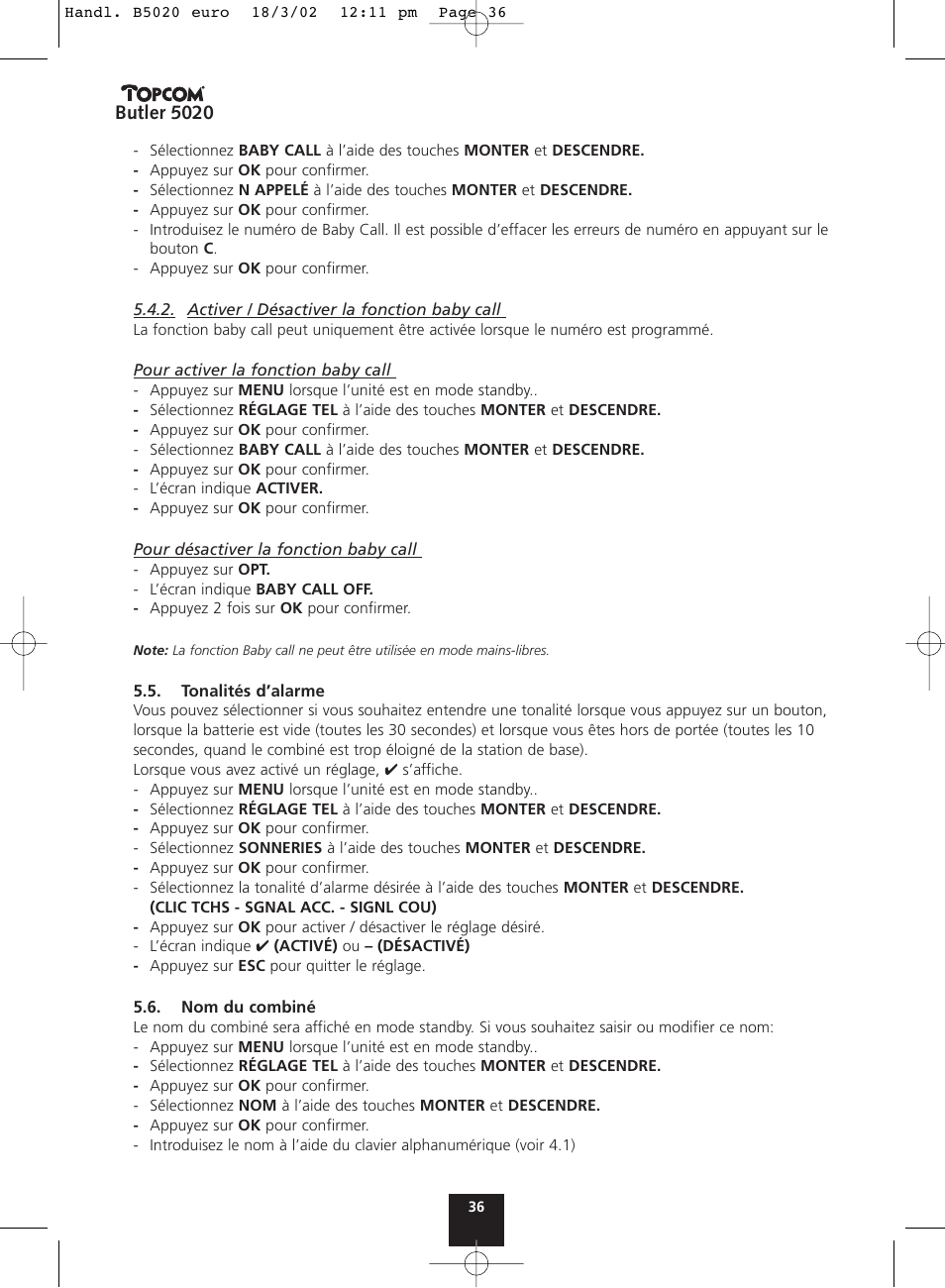 Butler 5020 | Topcom BUTLER 5020 User Manual | Page 36 / 84