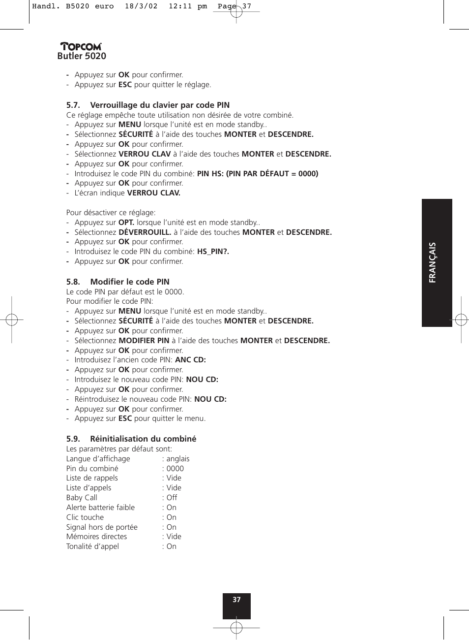 Butler 5020 | Topcom BUTLER 5020 User Manual | Page 37 / 84