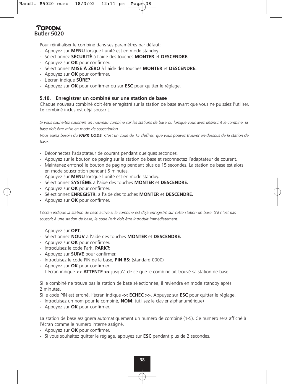 Butler 5020 | Topcom BUTLER 5020 User Manual | Page 38 / 84