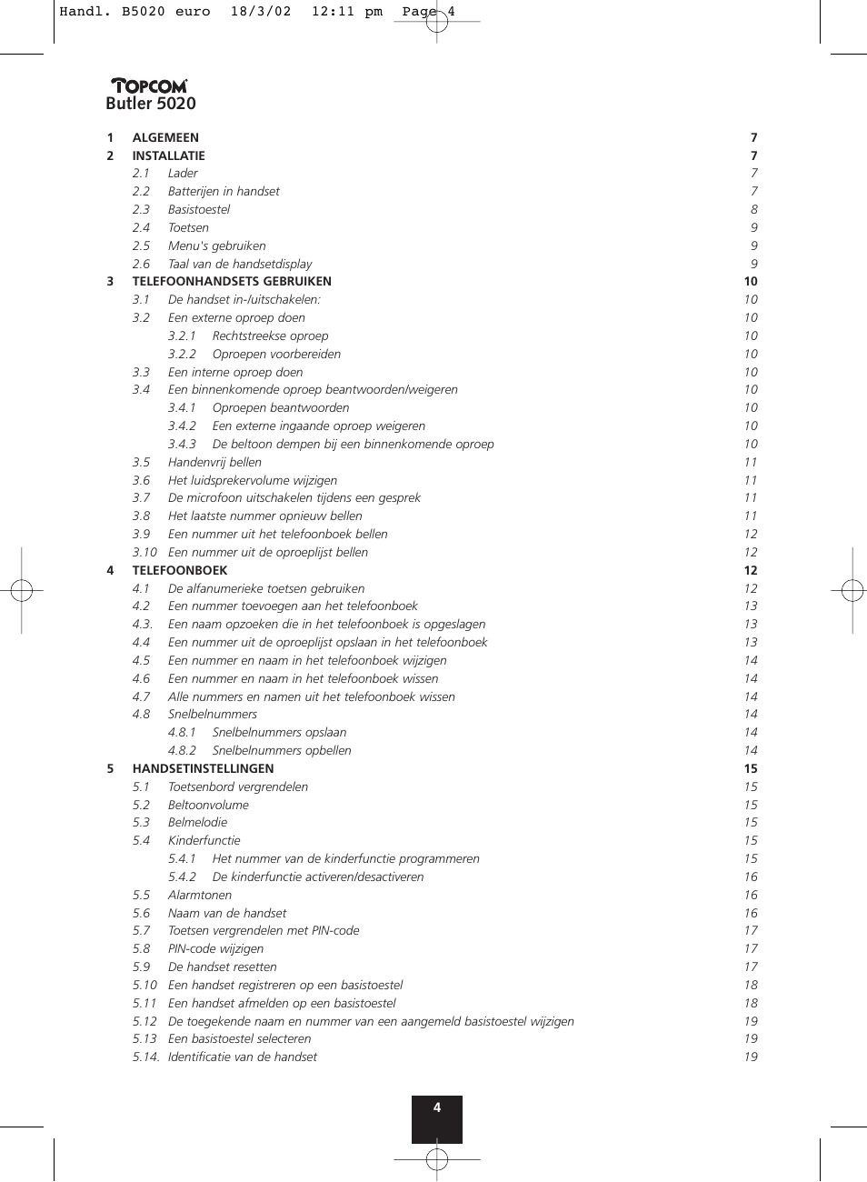 Butler 5020 | Topcom BUTLER 5020 User Manual | Page 4 / 84